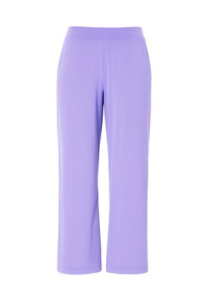 Purple cropped pants made of smooth, stretchy fabric with an elastic waistband and no visible pockets or embellishments.