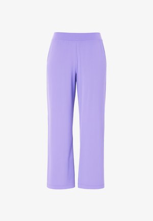 Paarse cropped broeken van glad, rekbaar materiaal met een elastische tailleband en zonder zichtbare zakken of versieringen.