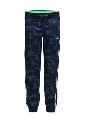 Marineblå sweatpants med et geometrisk mønster, elastisk talje, grønne accenter og hvide sidelister. Fremstillet af et blødt, struktureret stof.