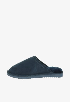 Navy blue suede mule slipper with a rounded toe, soft lining, open back, and textured sole for grip. Simple, streamlined design.
