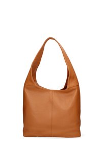 Tan leren hobo tas met een enkele lange schouderriem, zachte textuur en een ronde, slungelige vorm. Heeft een stiksel detail aan de voorkant.