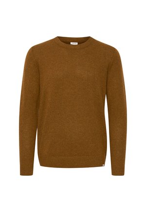 Brun langærmet rundhalset sweater med ribkanter ved ærmer og kant, lavet af strikket stof.