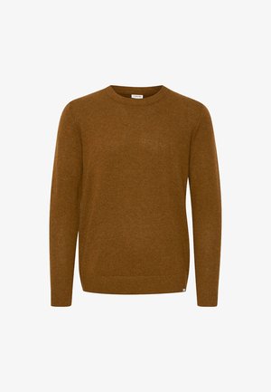 Brun langærmet rundhalset sweater med ribkanter ved ærmer og kant, lavet af strikket stof.