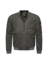 Sivi bomber jakna, zatvaranje na zip, dva prednja džepa, rebrasti manžeti i donji rub, glatki pamuk-vezani materijal, minimalistički dizajn.