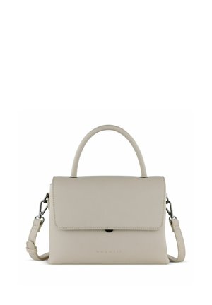 Hellbeige Handtasche aus glattem Leder, mit strukturiertem Design, Oberhandgriff, abnehmbarem Schulterriemen und einer Klappentasche mit kleinen Beschlägen.