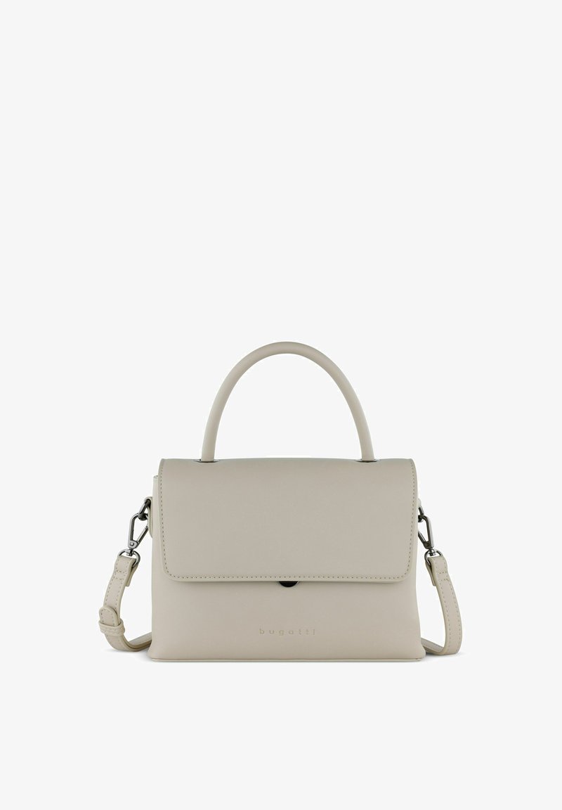 Borsa a mano beige chiaro in pelle liscia, con un design strutturato, manico superiore, tracolla removibile e chiusura a patta con piccoli accessori metallici.