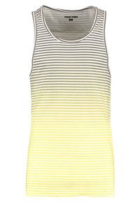 Top de tirantes a rayas gris y amarillo con escote redondo y diseño sin mangas. El degradado de color transiciona de gris a amarillo.