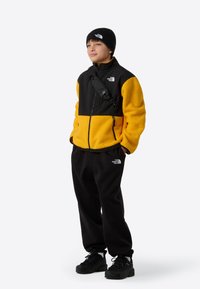 Μαύρο και κίτρινο fleece μπουφάν με φερμουάρ μπροστά, μαύρο παντελόνι και μαύρος σκούφος. Διαθέτει λογότυπα και ρυθμιζόμενο σακίδιο ώμου. Μαύρα αθλητικά παπούτσια.