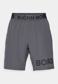 Mørkegrå treningsshorts med elastisk midje, med teksten "BJÖRN BORG" og "BORG" trykt på venstre benkant.