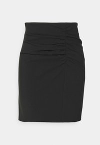 Černá těsně padnoucí sukně se zaoblenými švy po stranách, vyrobená z hladkého materiálu. Má rovný lem a jednoduchý, minimalistický design.