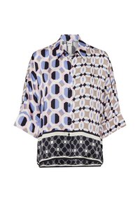 Camicia a maniche corte con bottoni che presenta motivi esagonali e ovali nei toni del rosa pastello, blu e nero, con un bordo geometrico a contrasto.