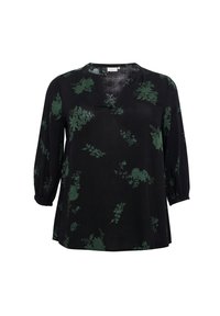 Schwarzes Oberteil mit grünem Blumenmuster, V-Ausschnitt, 3/4-Ärmel mit elastischen Bündchen und einer lockeren, fließenden Silhouette. Glatte Stofftextur.