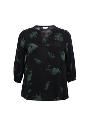 Černý top s zeleným květinovým vzorem, výstřih do V, 3/4 rukávy s elastickými manžetami a volnou, splývavou siluetou. Hladká textura látky.