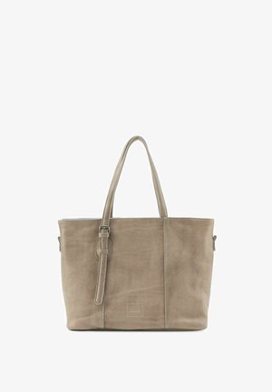 Beige leren tote bag met twee lange handvatten en een afneembare schouderriem. Glad textuur met subtiele nerf, met een logo detail aan de voorkant.