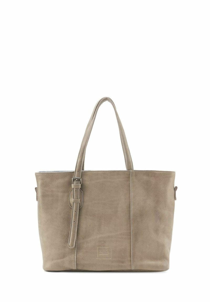 Beige leren tote bag met twee lange handvatten en een afneembare schouderriem. Glad textuur met subtiele nerf, met een logo detail aan de voorkant.