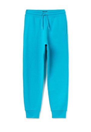 Lyseblå joggingbukser med elastisk taljebånd, snøre, sidelommer og ribbede manchetter, lagt fladt på hvid baggrund.