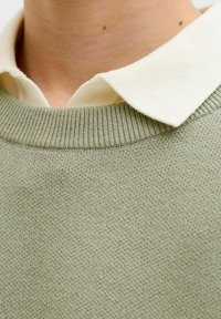 Cou et haut de la poitrine vêtus d'un pull en tricot vert clair par-dessus une chemise blanche à col, avec deux petits grains de beauté foncés sur la peau.