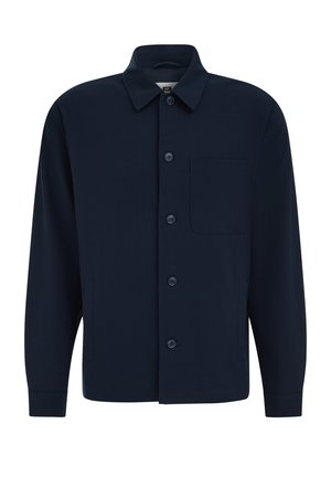 Naktssarkana tumši zila garroku krekla jaka ar pogu aizdari priekšpusē, smailu apkakli, krūšu kabatu un divām sānu kabatām.