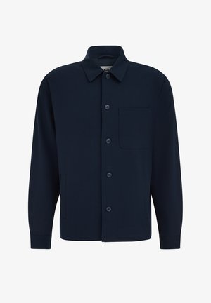 Marineblaues Hemdjacke mit langen Ärmeln, Knopfleiste vorne, spitzem Kragen, Brusttasche und zwei Seitentaschen.