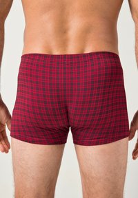 Röda och svarta rutiga boxershorts med en figurnära design, tillverkade av mjukt tyg och med en elastisk midja för komfort.