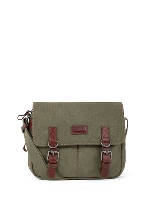 Sac messager en toile vert olive avec bandoulière réglable, sangles en cuir marron avec boucle et fermeture à rabat devant.