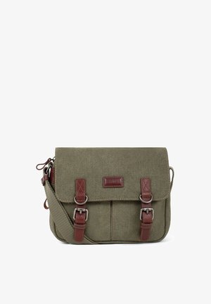Sac messager en toile vert olive avec bandoulière réglable, sangles en cuir marron avec boucle et fermeture à rabat devant.