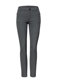 Graue Stretch-Hosen mit tailliertem Design, vier Taschen, einem einzelnen Knopfverschluss und glatter Textur. Gerader Beinabschluss.