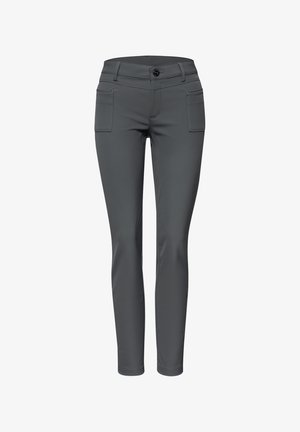 Pantalones elásticos grises con un diseño ajustado, cuatro bolsillos, cierre de botón único y textura suave. Corte de pierna recta.