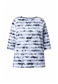 Langärmeliges Oberteil mit rundem Halsausschnitt, ausgestattet mit einem schwarz-weißen Streifenmuster, aus leichtem Stoff mit glatter Textur gefertigt.