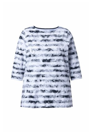 Langärmeliges Oberteil mit rundem Halsausschnitt, ausgestattet mit einem schwarz-weißen Streifenmuster, aus leichtem Stoff mit glatter Textur gefertigt.