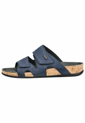 Sandalo aperto blu navy con due cinturini regolabili e suola con texture in sughero con fondo nero.