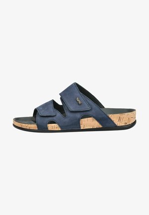 Sandalo aperto blu navy con due cinturini regolabili e suola con texture in sughero con fondo nero.