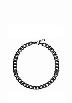 Schwarze Metallkette mit großen Gliedern und Karabinerverschluss, flach auf weißem Hintergrund dargestellt.