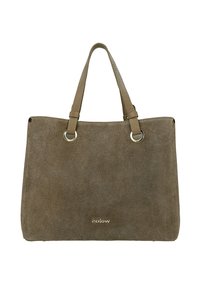 Semišová taška přes rameno v olivově zelené barvě s dvěma texturovanými madly, zlatými doplňky a logem ve spodní části. Hladká, jemná textura.