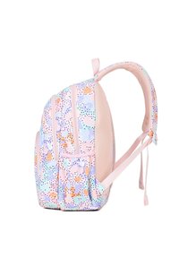 Zaino con una base rosa pastello e motivi astratti multicolore. Presenta due tasche frontali con zip e spallacci imbottiti.