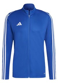 Blue athletic jacket with a zip front, high collar, and white stripes on each sleeve. Features a small white logo on the left chest.