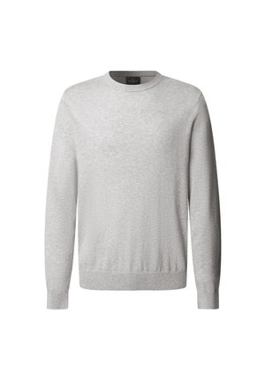 Ljust grå stickad tröja med rund halsringning, långa ärmar och ribbade mudd och nederkant. Mjuk textur, minimalistisk design, inga synliga mönster.