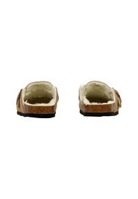Brune ruskinds slip-on slippers med en blød faux fur-foring og korksåler, der har et åbent bagside-design og minimale forskyndelser.