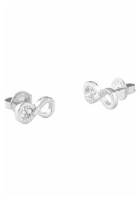 Orecchini a bottone in argento a forma di infinito, con incisioni delle parole "LOVE" e "GUESS", e un piccolo gemma trasparente al centro.