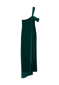 Ein ärmelloses Kleid in tiefem Grün, aus leichtem Stoff gefertigt. Es hat eine geknotete Verzierung an der Schulter und einen fließenden Fall auf einer Seite.