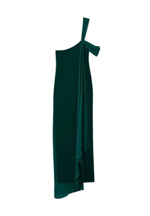 Vestido de un solo hombro en verde profundo, confeccionado con una tela ligera. Presenta un detalle anudado en el hombro y un drapeado fluido en un lado.