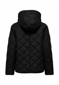 Czarna pikowana kurtka puchowa z kapturem, ozdobiona wzorem w romby, z długimi rękawami i prostym dołem. Miękka w dotyku i lekka.