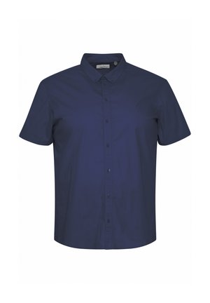 Marineblaues Kurzarm-Hemd mit Knopfleiste, aus glattem Stoff mit klassischem Kragen und sechs Knöpfen auf der Vorderseite, das ein einfaches, einfarbiges Design aufweist.