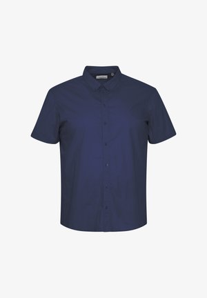 Marineblauw overhemd met korte mouwen, gemaakt van een soepele stof, met een klassieke kraag en zes knopen aan de voorkant. Het shirt heeft een eenvoudig, effen ontwerp.