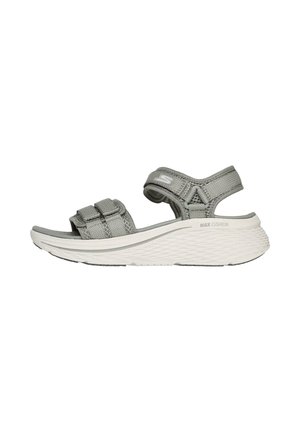 Sandali in tessuto grigi con due cinghie regolabili, suola bianca imbottita e texture a motivo diamante per grip e comfort.