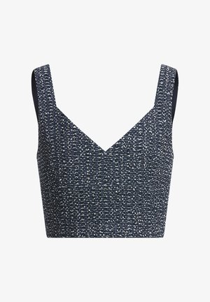 Tummansininen lyhyt toppi, jossa on leveät hihnat ja V-pääntie. Tekstuuri on hieman valkoinen kuvio, joka tuo esiin tekstuurien kontrastin.