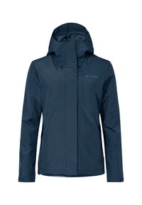 Marineblauer wasserdichter Mantel mit Kapuze, der eine glatte Textur, einen Frontreißverschluss und verstellbare Kordeln aufweist. Markenlogo auf der oberen linken Seite.