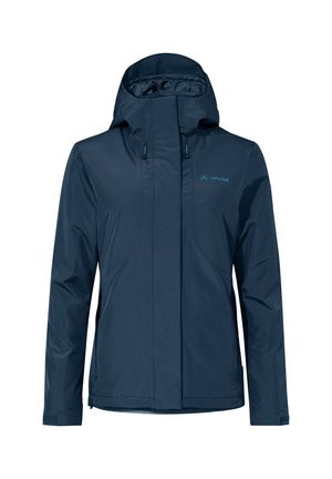 Chaqueta impermeable azul marino con capucha, con una textura suave, cierre frontal de cremallera y cordones ajustables. Logo de la marca en la parte superior izquierda.