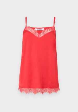 Rotes ärmelloses Camisole mit Spitzenbesatz entlang des V-Ausschnitts und Saums, mit dünnen verstellbaren Schulterriemen.