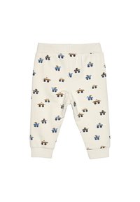 Měkké krémové bavlněné kalhoty s opakujícím se vzorem barevných traktorů v modré, hnědé a žluté barvě, se elastickým pasem a přiléhavými manžetami.